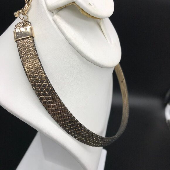 Gold Tone Formed Collar Necklace with Harlequin Design and Black Net Overlay - Picture 5 of 7